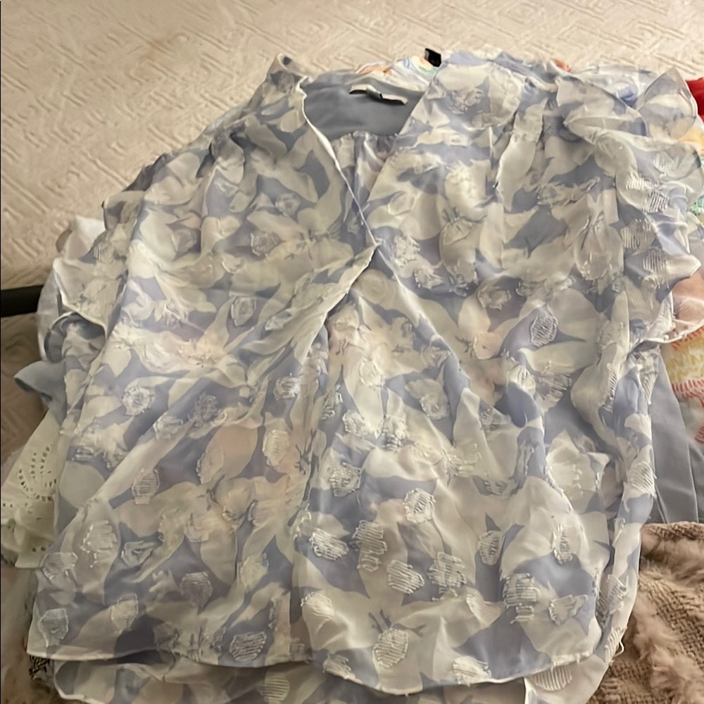 Blue and White Ruffled Short Sleeve Blouse with Mandarin Collar